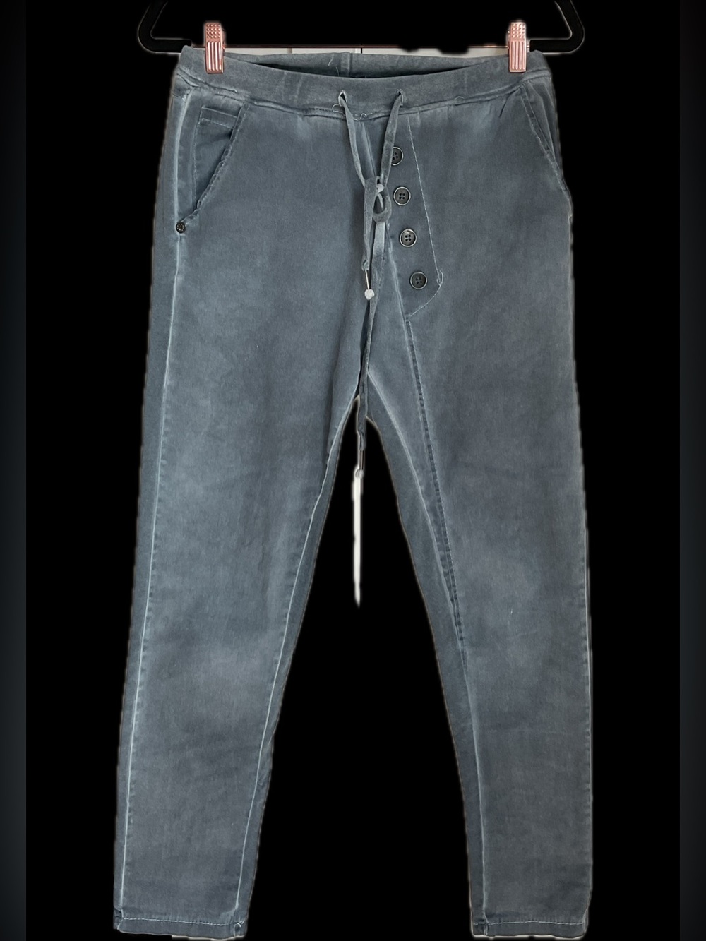 ***SUZY D *** Becca Diagonal Flat Button Jogger in Light Gray Cotton Blend